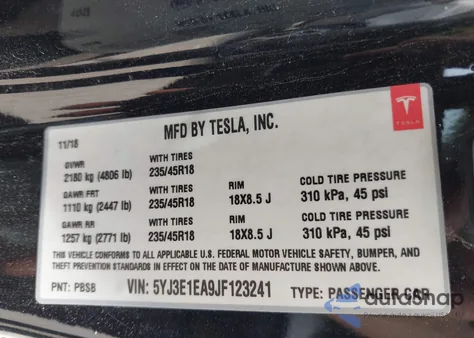 2018 Tesla Model 3 из США, поврежденный, VIN 5YJ3E1EA9JF123241